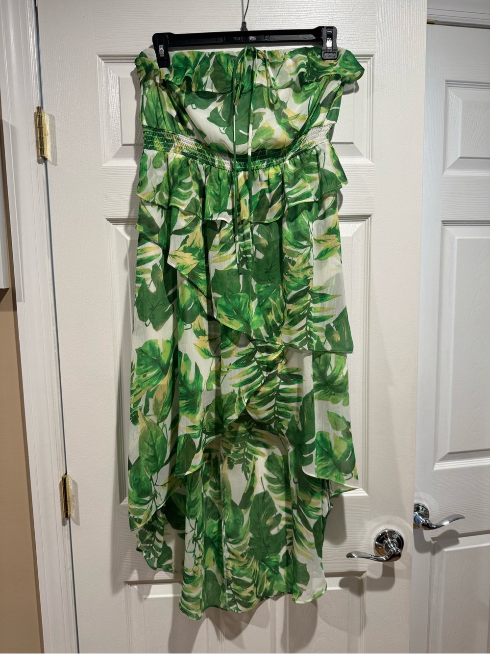 BCX Green Tropical Print Strapless High-Low Ruffle Midi Dress